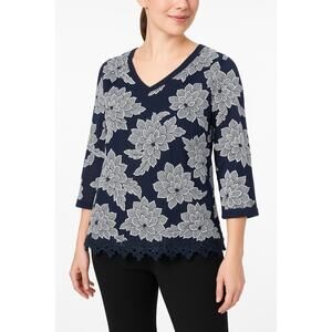 Chicos Navy Blue White Floral Lace VNeck Crocheted Hem‎ Embroidered Blouse Top 1